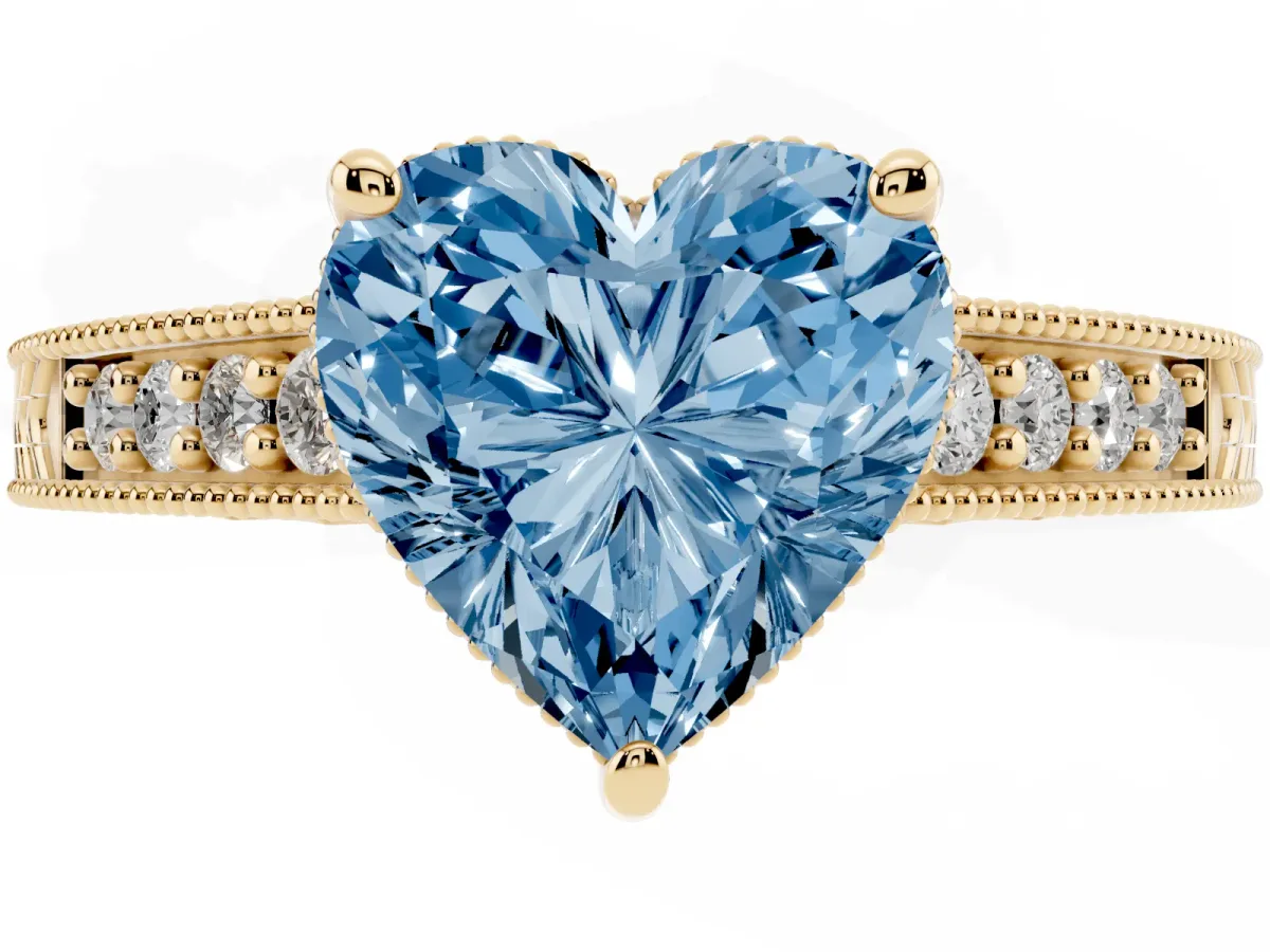 Fancy Blue Heart Cut Solitaire Pavé Diamond Milgrain Engagement Ring with Four-Prong Setting Yellow gold