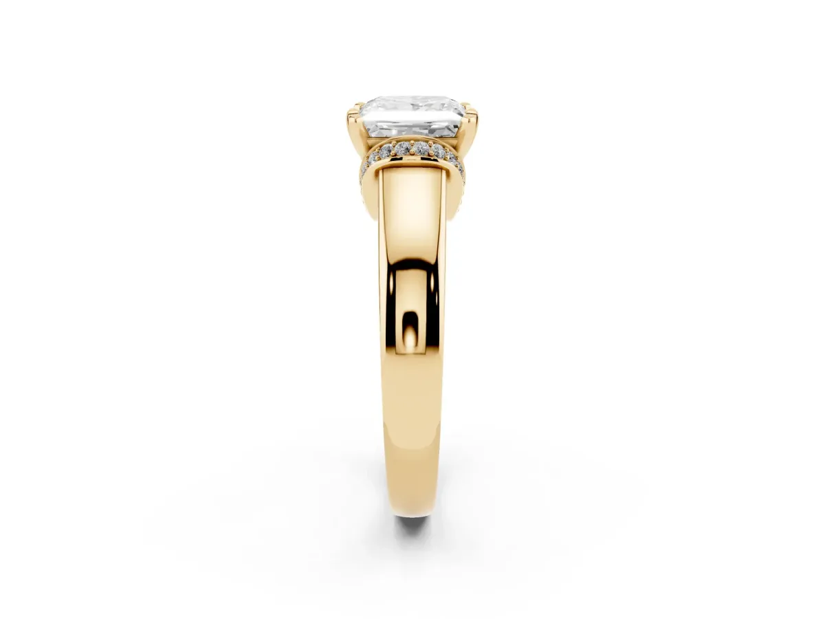 Princess Cut Solitaire Diamond Ring with Pave Band and Six-Prong Setting Yellow gold