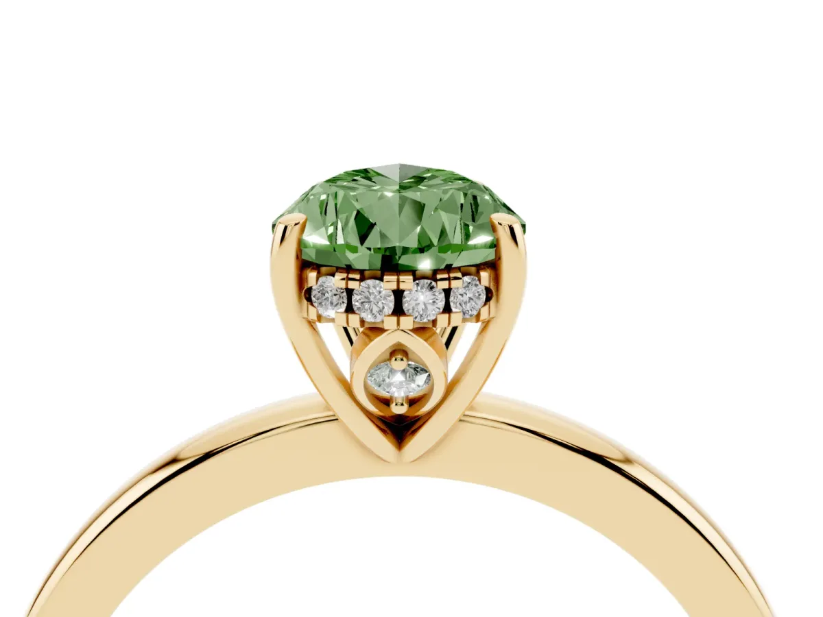 Fancy Green Pear Cut Solitaire Diamond Ring with Prong Setting and Plain Band Yellow gold