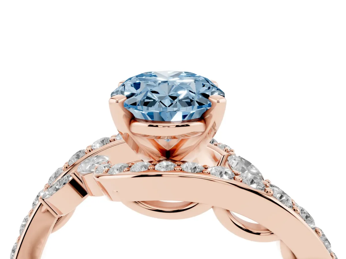 Fancy Blue Oval Cut Solitaire with Pavé Twist Band and Four-Prong Setting Rose gold