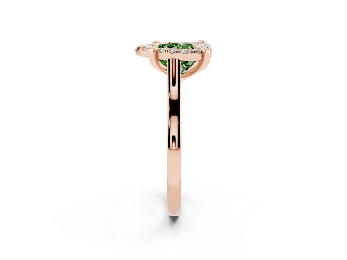 Fancy Green Heart Cut Diamond Cluster Halo Solitaire with Four-Prong Setting Rose gold