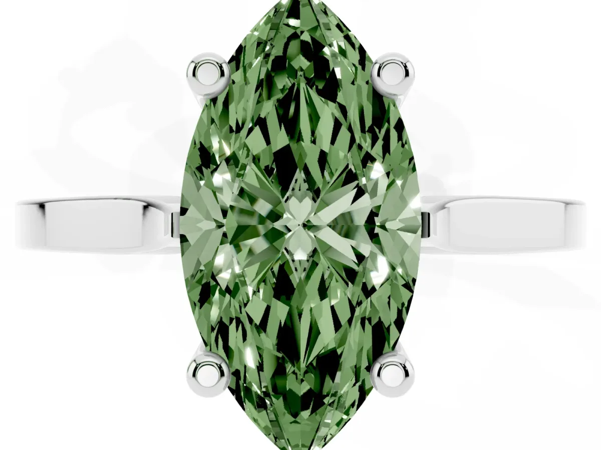 Fancy Green Marquise Cut Solitaire Diamond Ring with Four-Prong Setting and Tapered Band Platinum