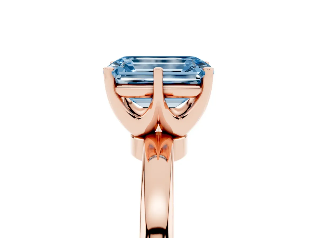 Fancy Blue Emerald Cut Solitaire Diamond Ring with Six-Prong Setting on a Classic Band Rose gold