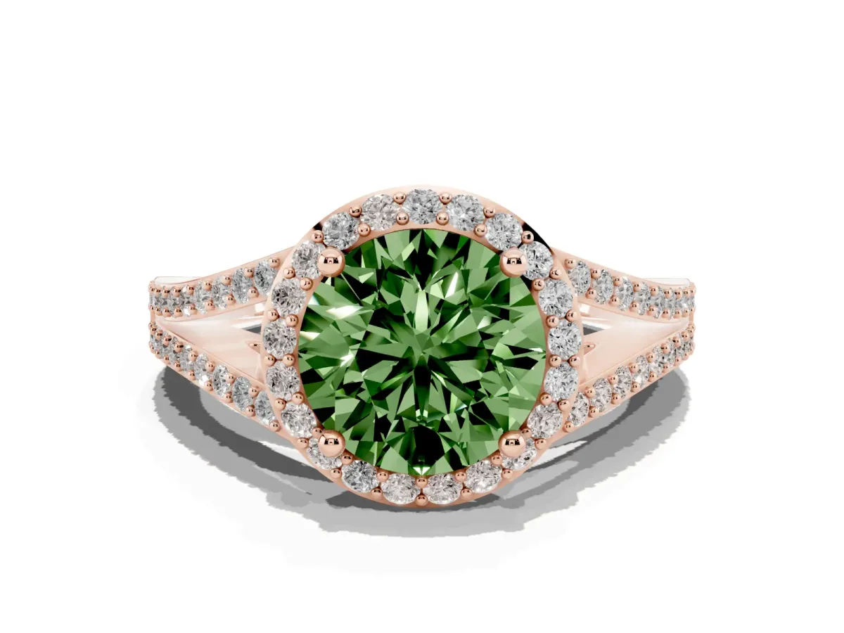 Fancy Green Round Cut Halo Split Shank Pave Diamond Ring with Four-Prong Setting Rose gold