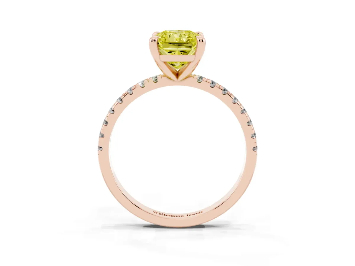 Fancy Yellow Radiant Cut Diamond Brilliant Solitaire Ring with Pavé Band and Four-Prong Setting Rose gold