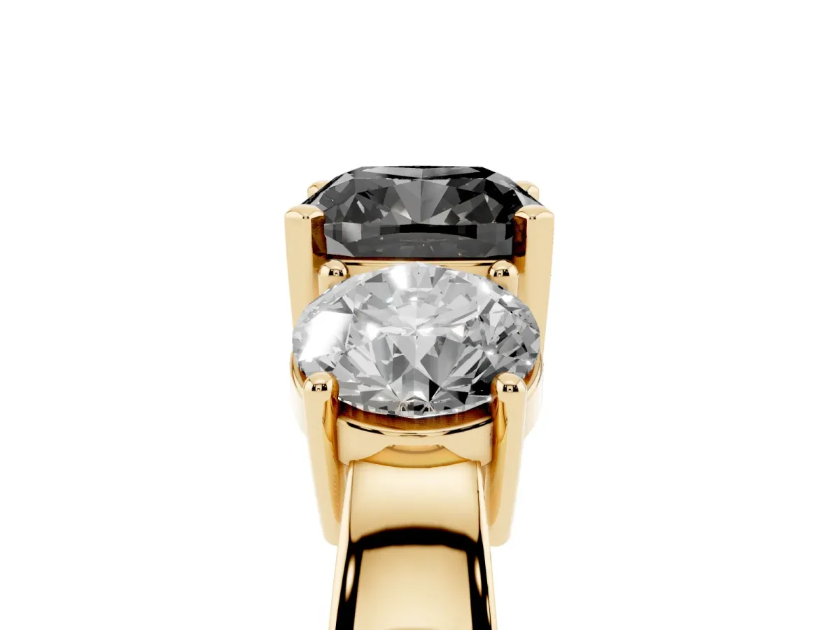 Fancy Black Three-Stone Cushion Cut Diamond Ring with Round Side Stones, Classic Band, and Four-Prong Setting Yellow gold