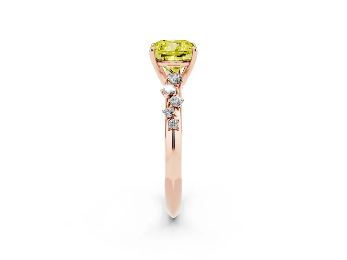 Fancy Yellow Cushion Cut Diamond Cluster Side Stone Solitaire Ring with Prong Setting Rose gold