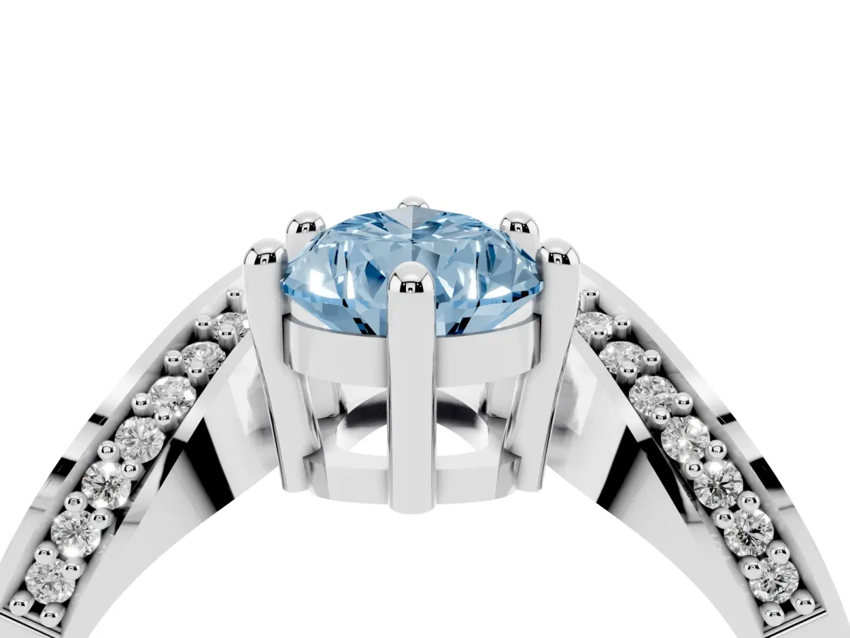 Fancy Blue Pear Cut Solitaire Diamond Engagement Ring with Pave Band and Four-Prong Setting Silver