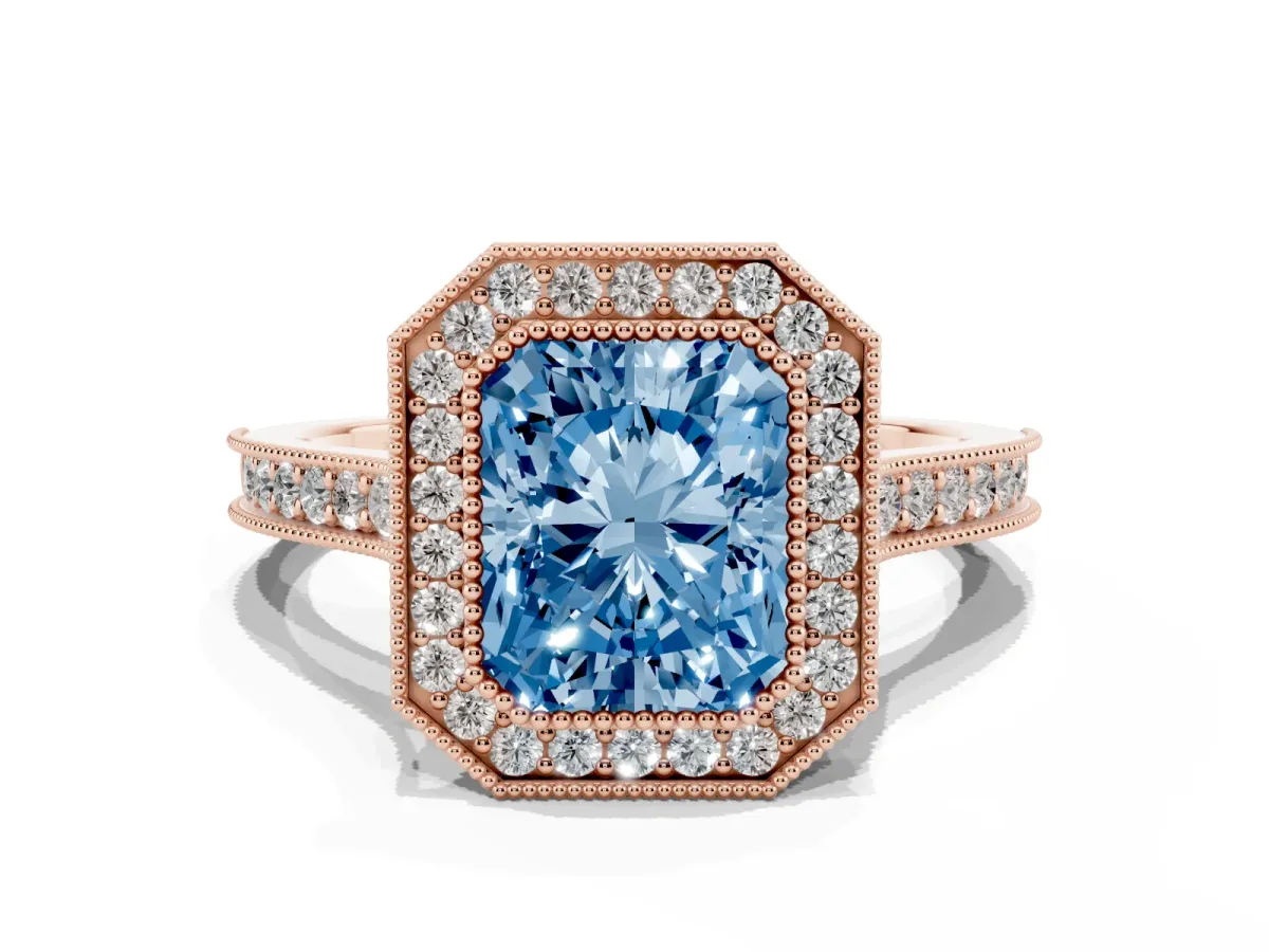 Fancy Blue Halo Radiant Cut-Cut Diamond Pave Band Milgrain Prong Setting Ring Rose gold