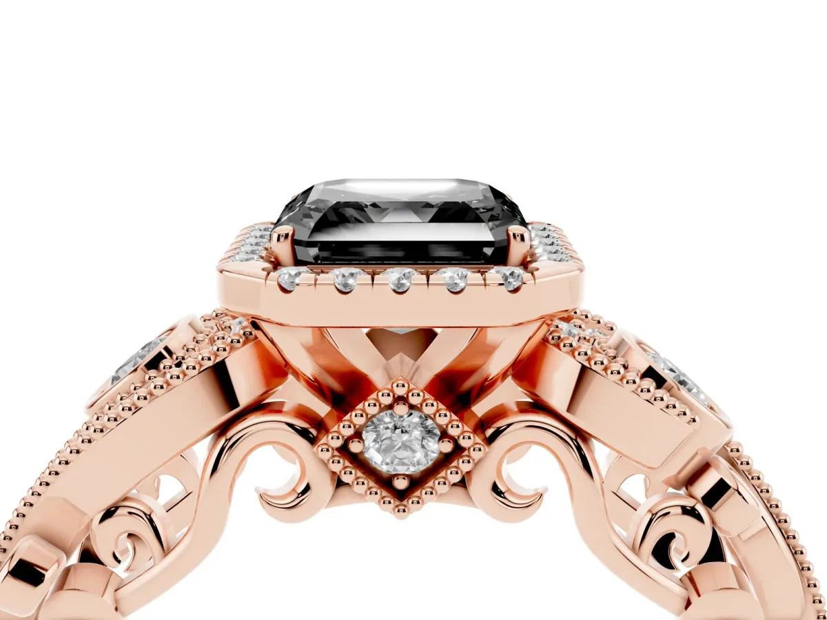 Fancy Black Asscher Cut Halo Diamond Ring with Milgrain and Bezel Accents on a Split Shank Band Rose gold