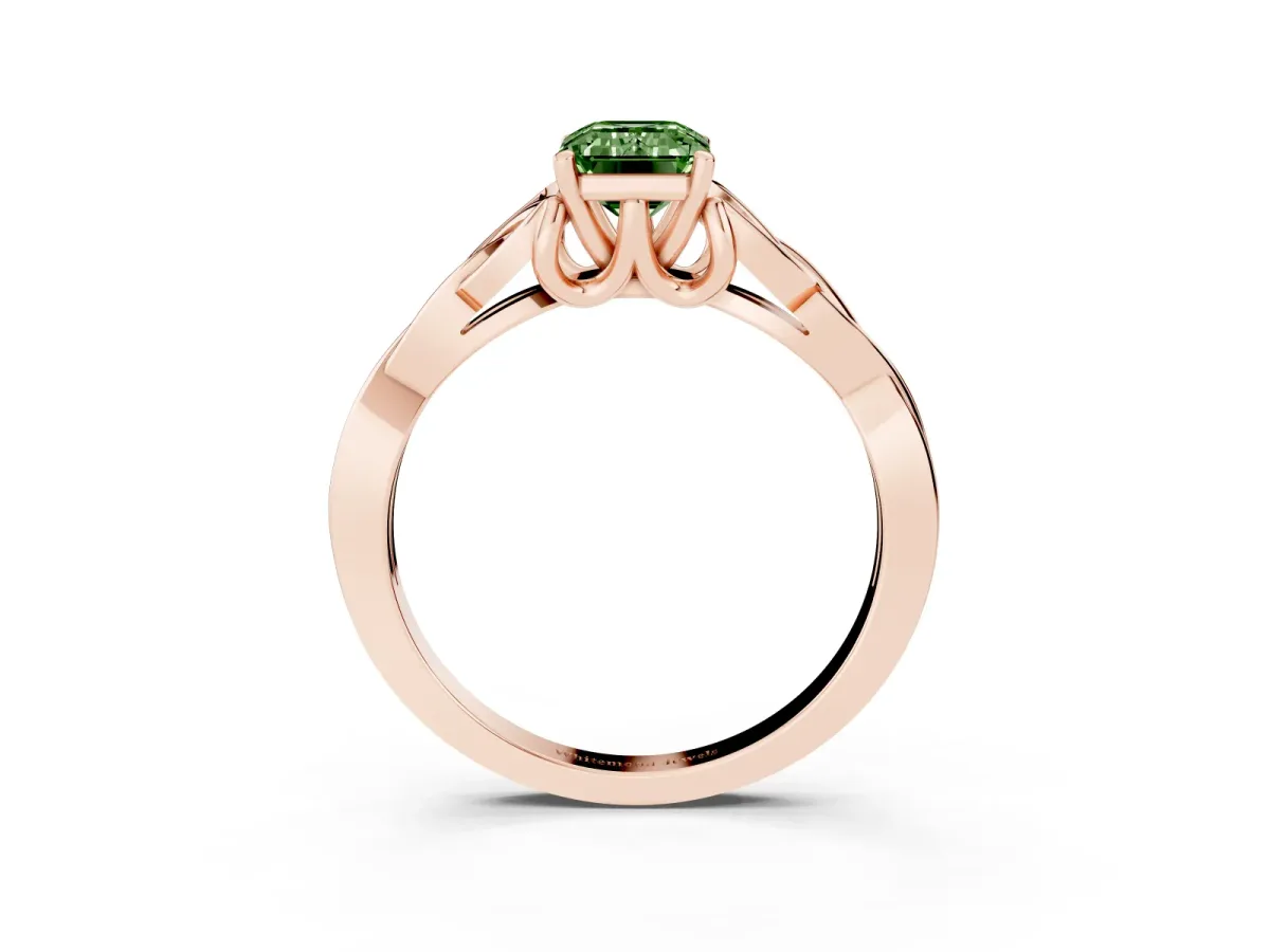 Fancy Green Emerald Cut Diamond Solitaire Engagement Ring with Celtic Knot Band and Four-Prong Setting Rose gold