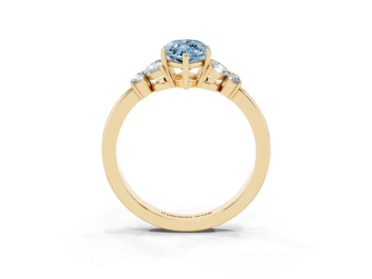 Fancy Blue Marquise Cut Cut Solitaire Floral Diamond Ring with Four-Prong Setting Yellow gold
