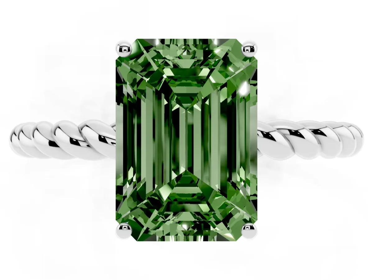 Fancy Green Emerald Cut Solitaire Twist Band Ring with Four-Prong Setting Platinum