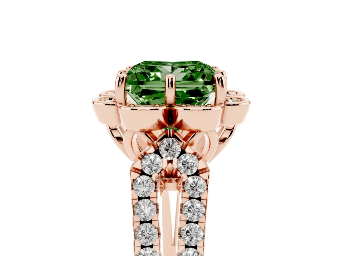 Fancy Green Princess Cut Halo Diamond Floral Split Shank Engagement Ring Rose gold