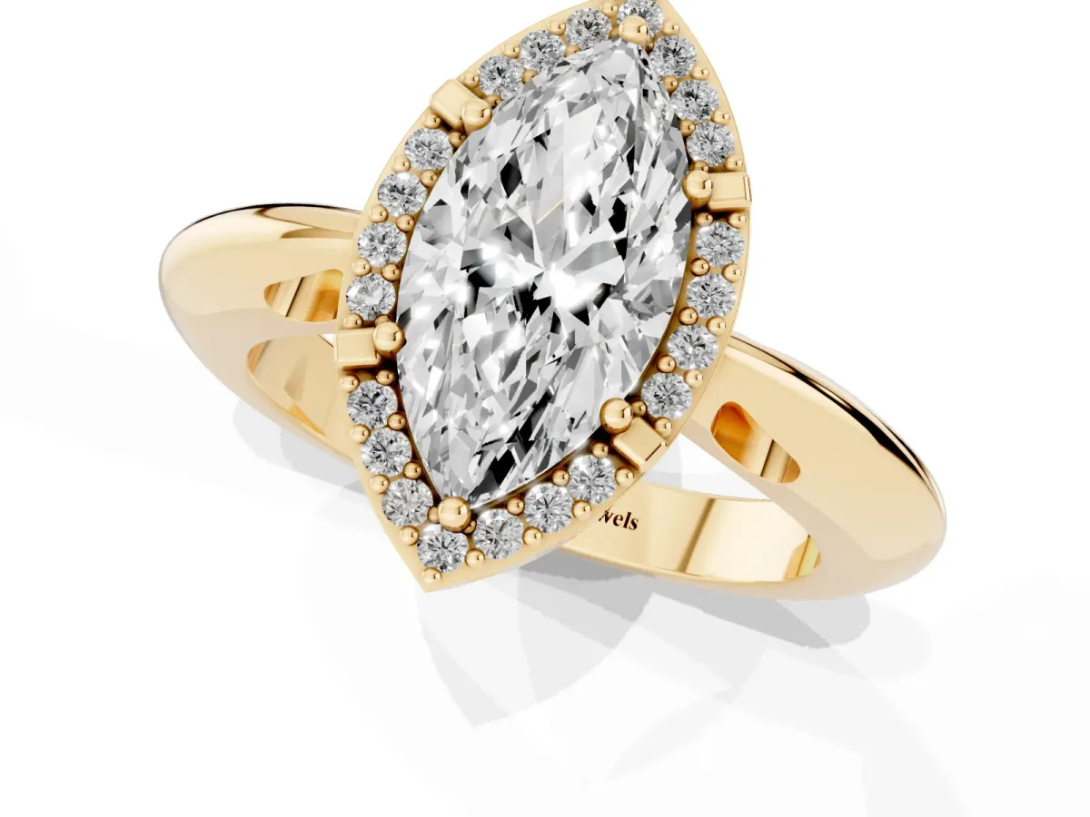 Marquise Cut Cut Diamond Halo Engagement Ring with Split Shank and Four-Prong Setting Yellow gold