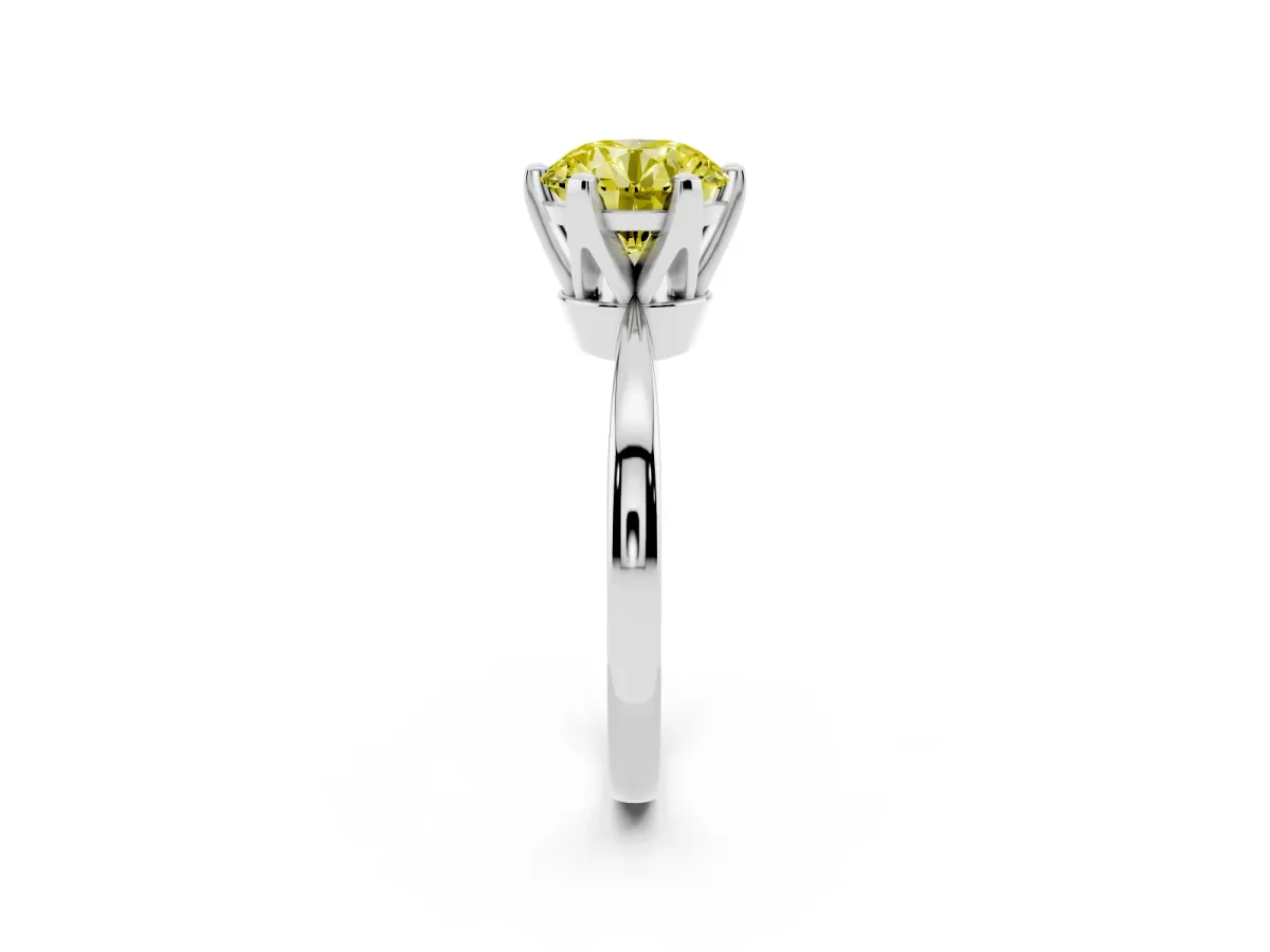 Fancy Yellow Round Cut Solitaire Engagement Ring with Six-Prong Setting and Tapered Band Silver