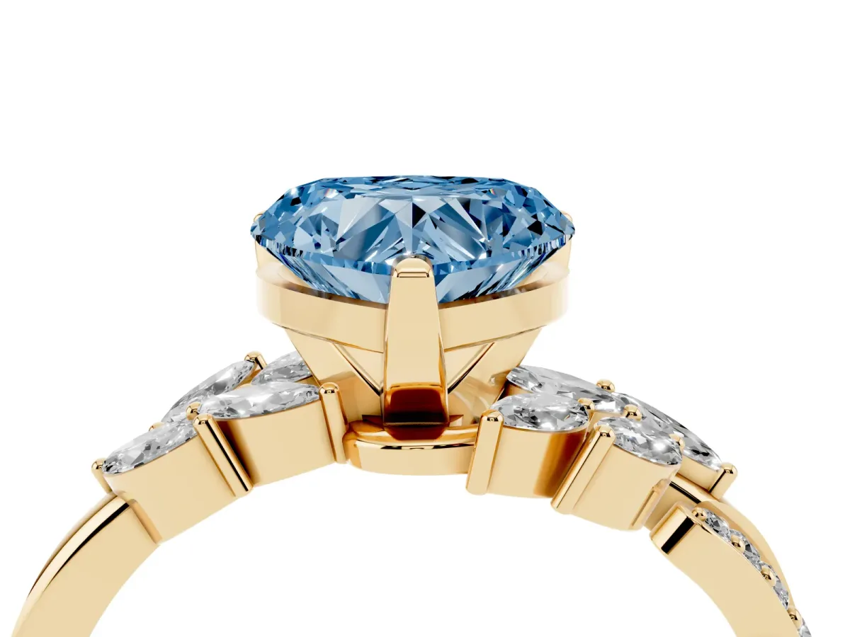 Fancy Blue Heart Cut Solitaire Marquise Twist Band with Six-Prong Setting Yellow gold