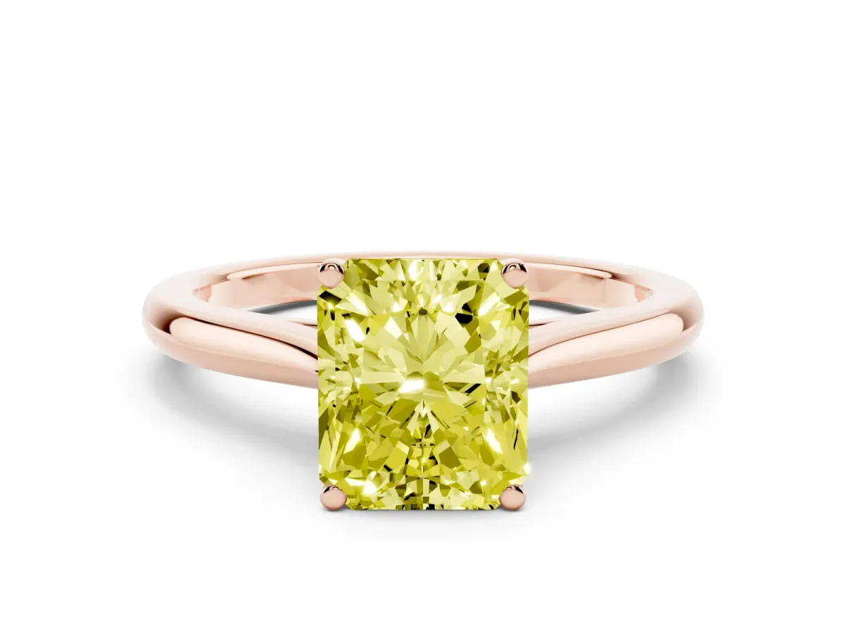 Fancy Yellow Radiant Cut Cut Solitaire Ring with Cathedral Band and Four-Prong Setting Rose gold