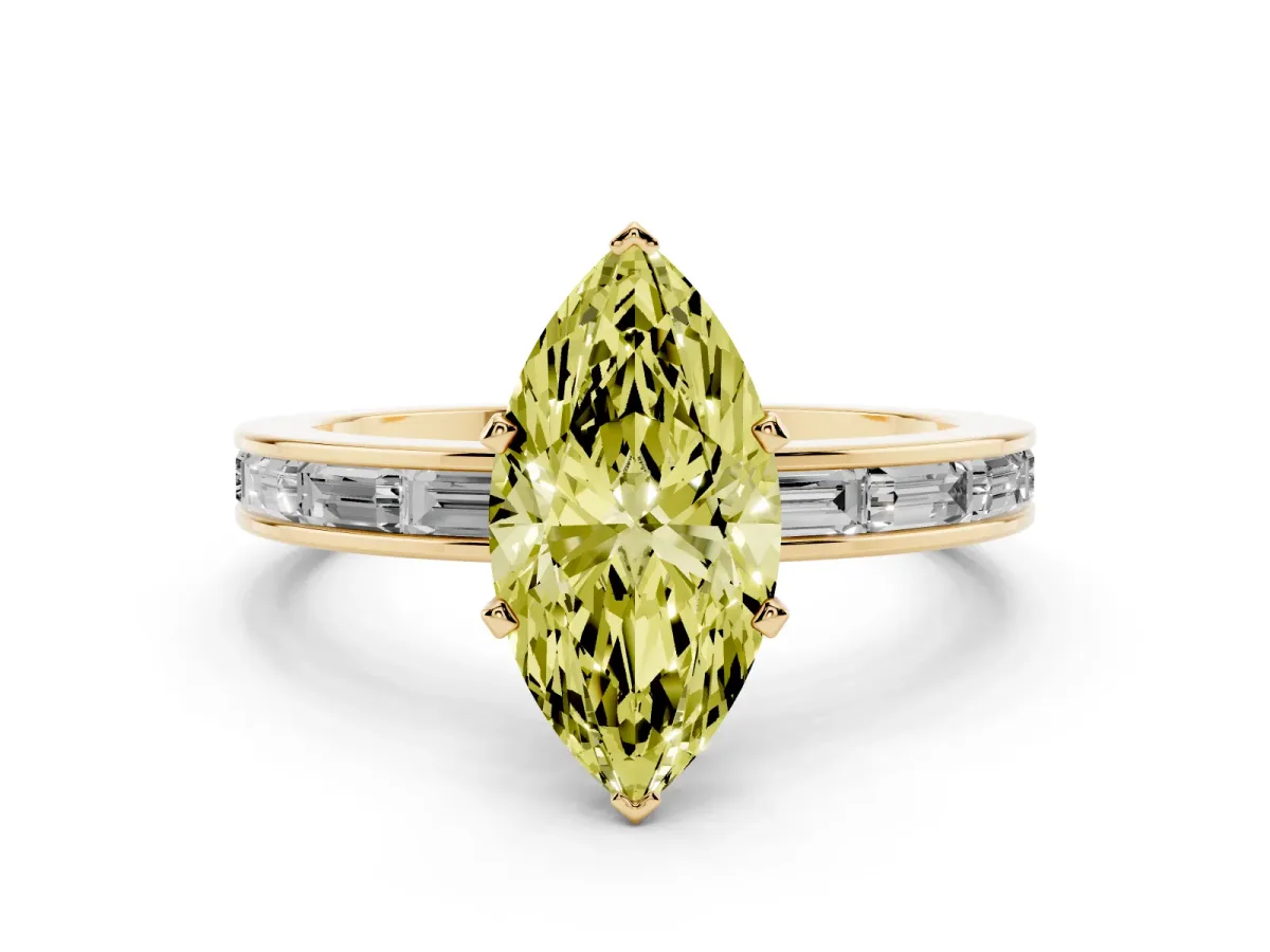 Fancy Yellow Marquise Cut Solitaire Diamond Ring with Channel-Set Baguette Band and Four-Prong Setting Yellow gold