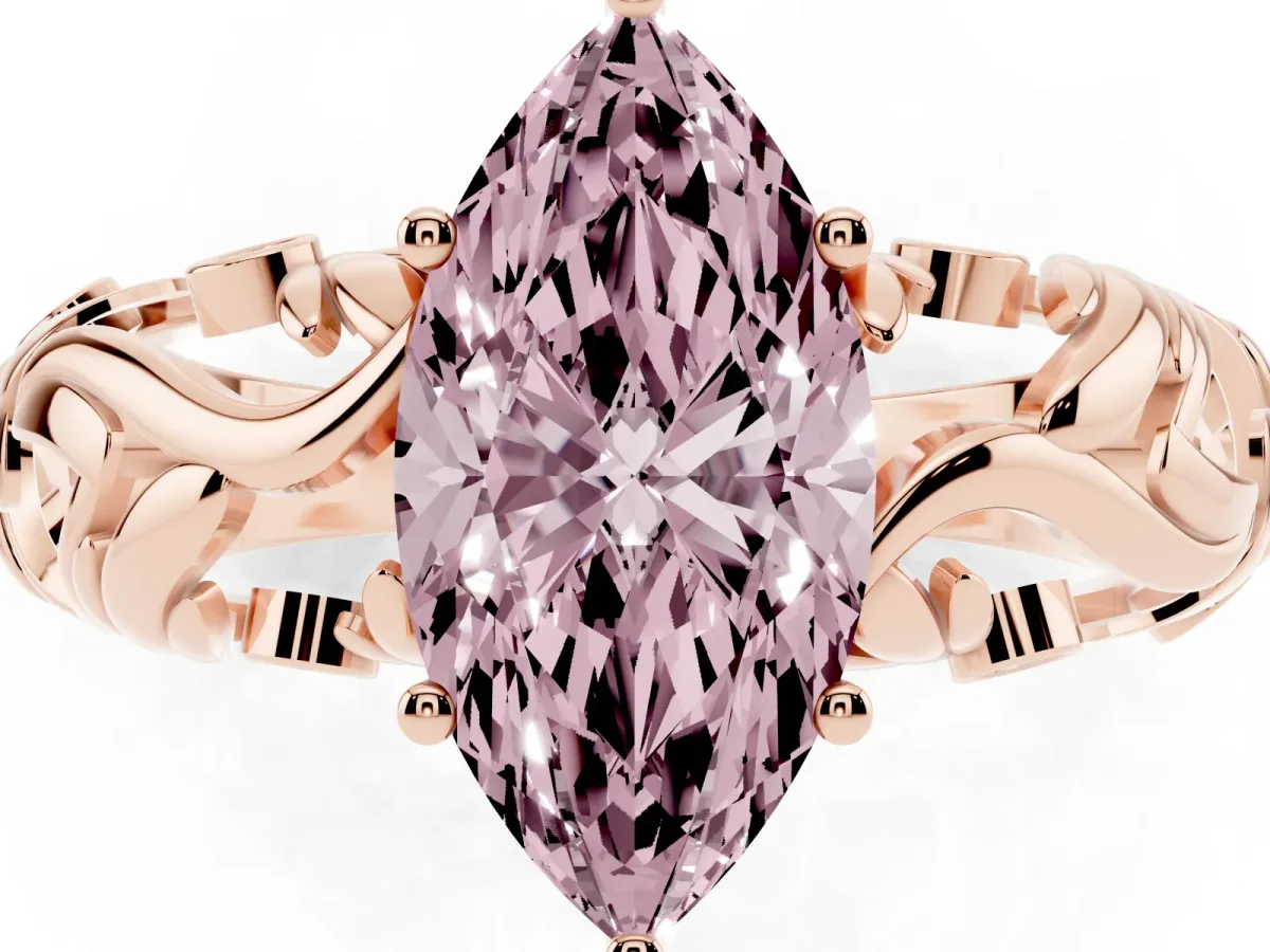 Fancy Pink Marquise Cut Solitaire Diamond Leaf-Inspired Vine Band Ring with Prong Setting Rose gold