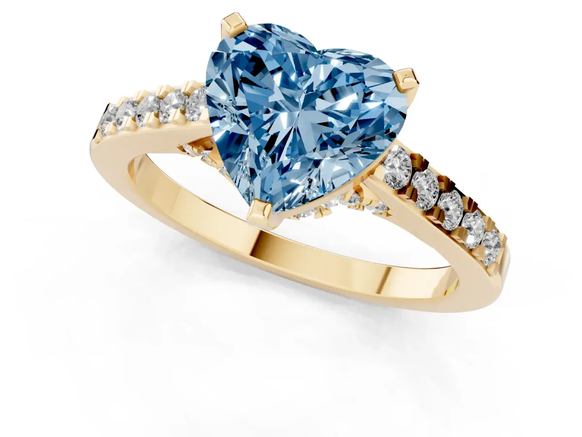 Fancy Blue Heart Cut Diamond Solitaire Ring with Crossover Gallery and Round Pavé Band Yellow gold
