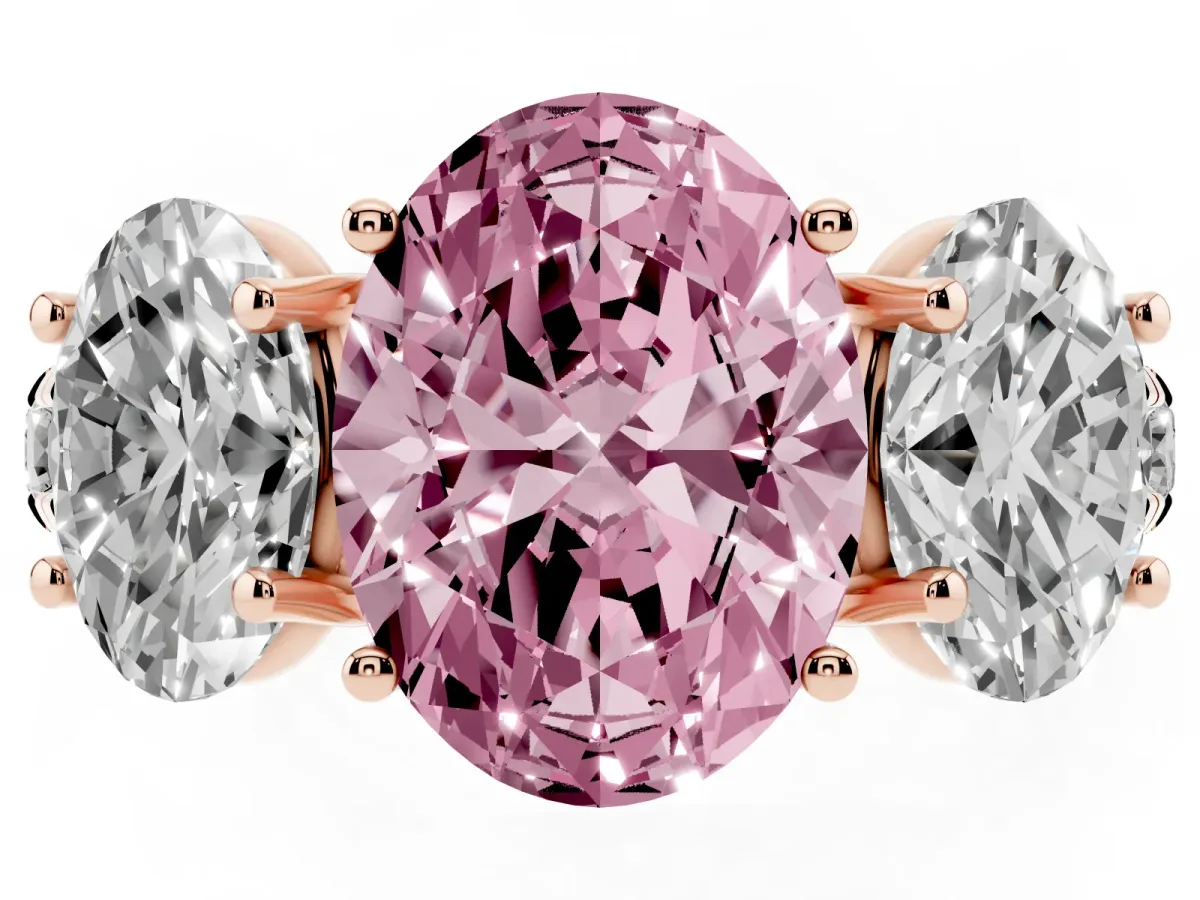 Fancy Pink Three-Stone Oval Cut Diamond Pavé Band with Prong Setting Rose gold
