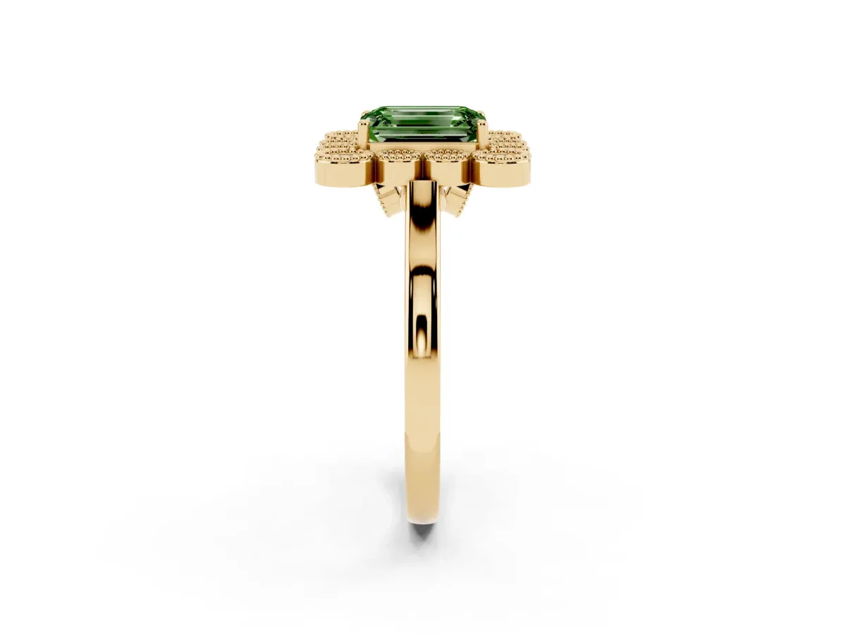 Fancy Green Emerald Cut Halo Diamond Cluster Engagement Ring with Milgrain Bezel Setting and Solitaire Band Yellow gold