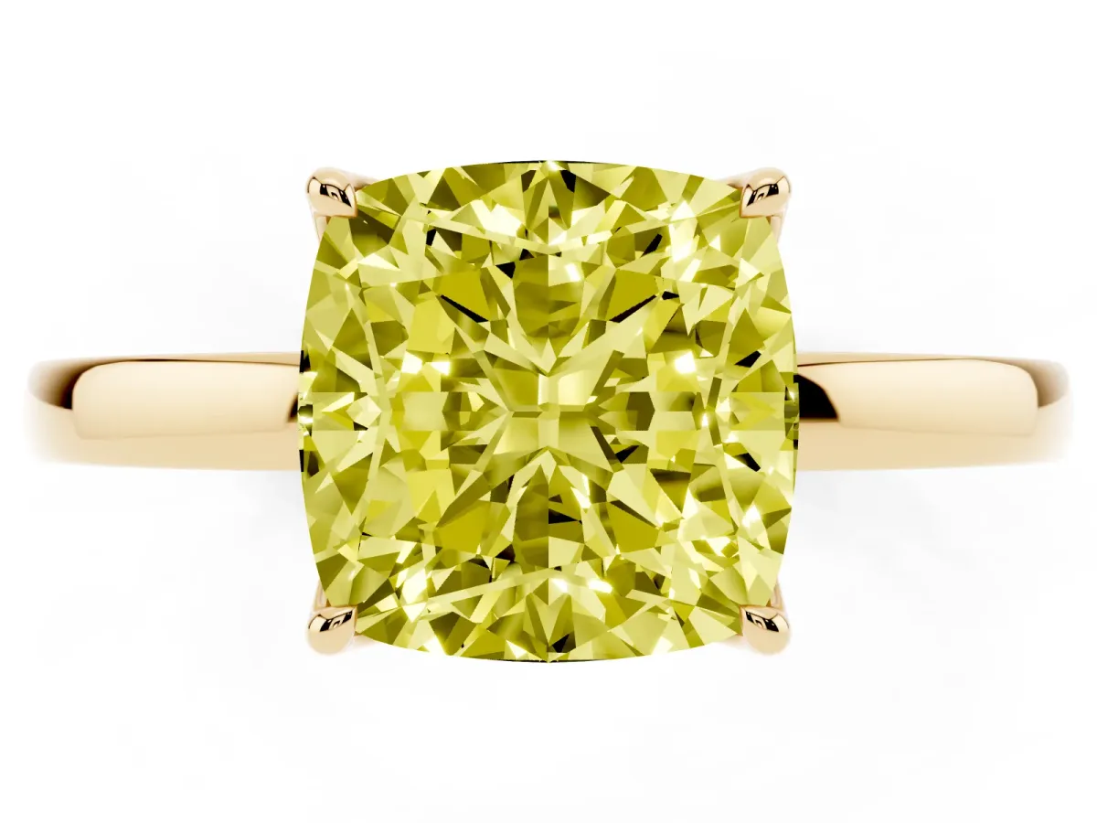 Fancy Yellow Cushion Cut Diamond Solitaire Ring with Thin Band and Prong Setting Yellow gold