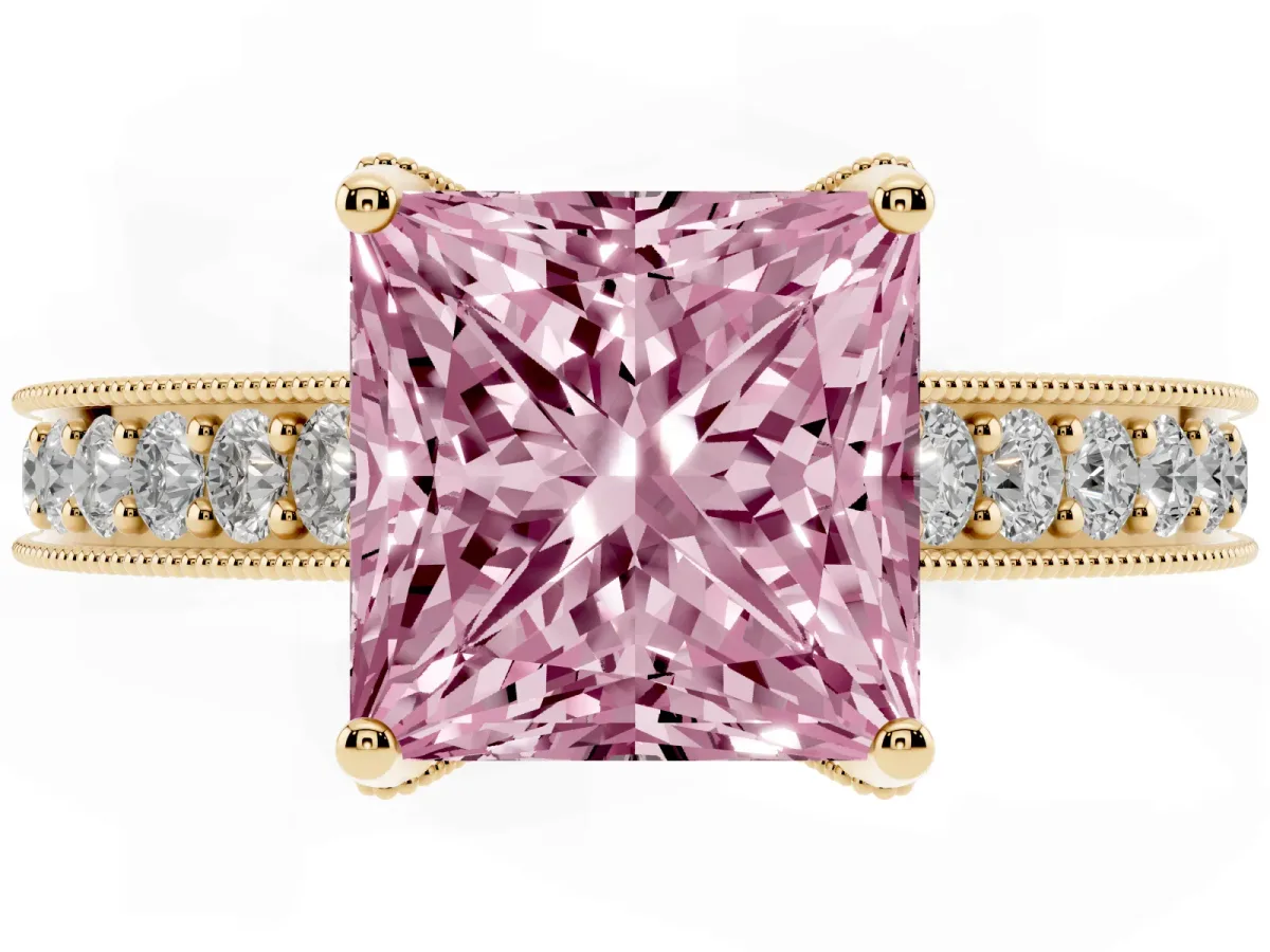 Fancy Pink Princess Cut Cut Diamond Solitaire Ring with Milgrain Pave Band and Four Prong Setting Yellow gold
