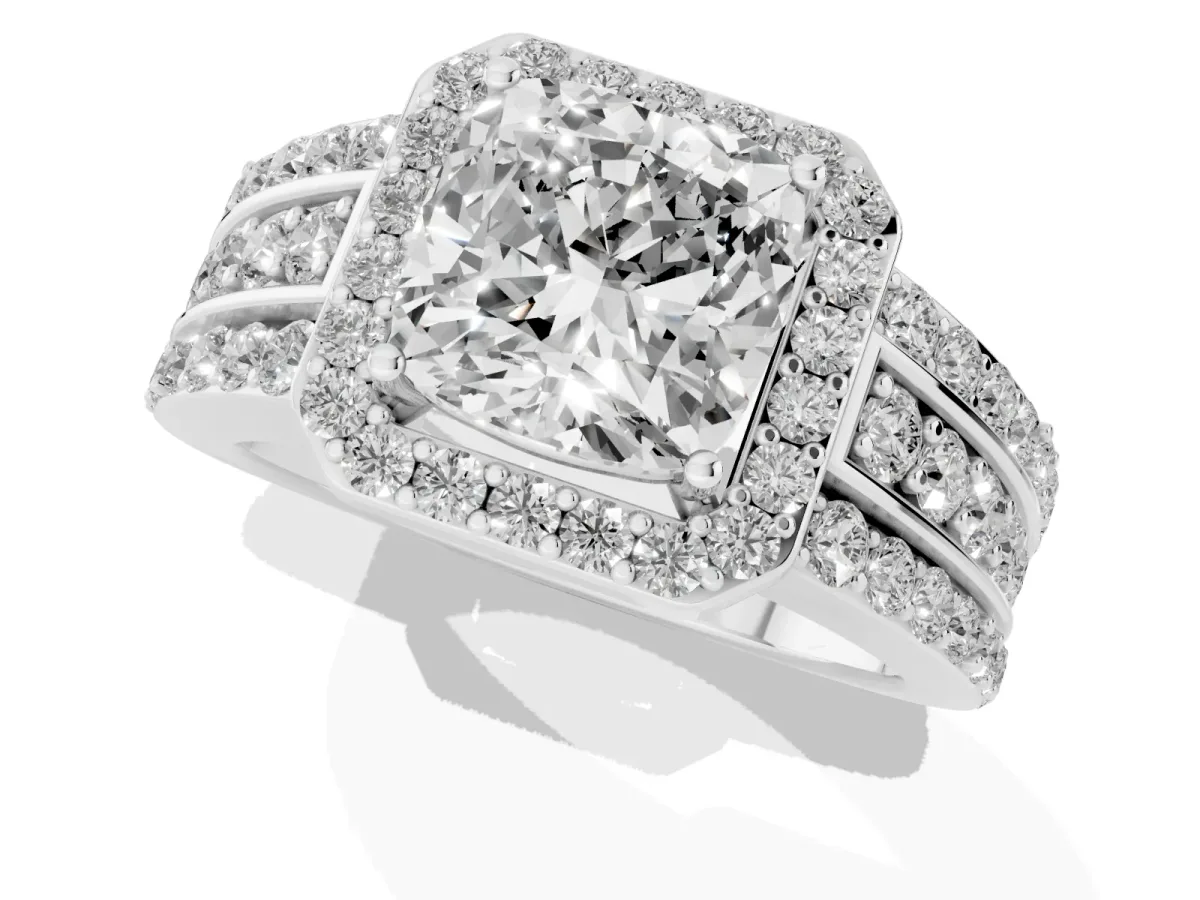 0.5 Carat Cushion Cut Halo Ring with Round Split Shank and Prong Setting White gold