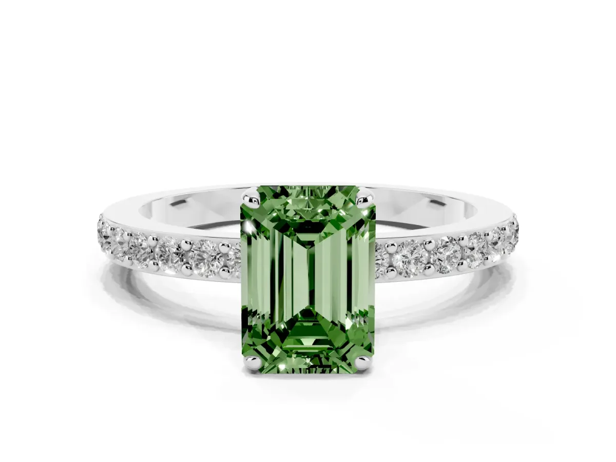 Fancy Green Emerald Cut Diamond Solitaire Engagement Ring with Pavé Band and Four-Prong Setting Platinum