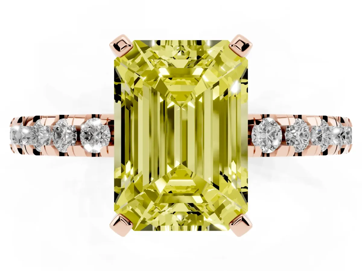 Fancy Yellow Emerald Cut Diamond Solitaire Ring with Round Pavé Band and Four-Prong Setting Rose gold