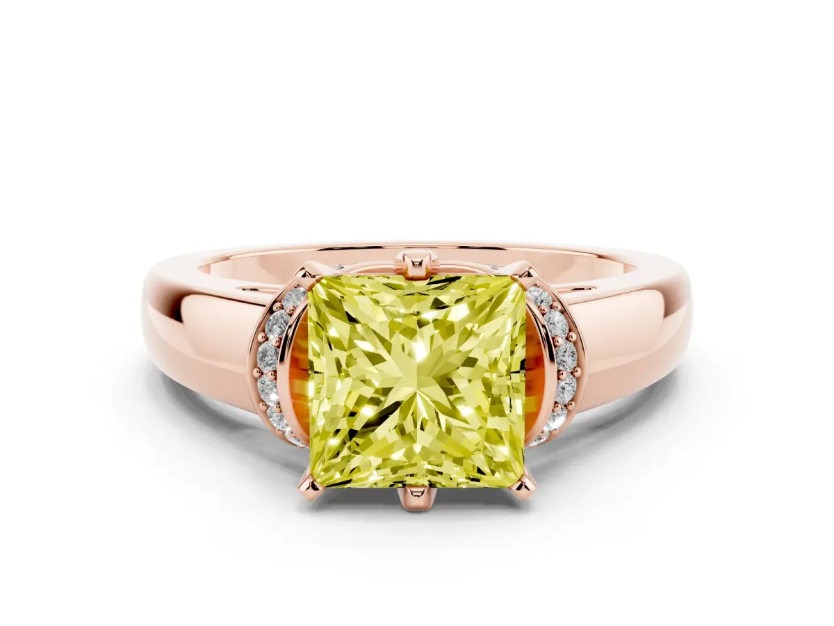 Fancy Yellow Princess Cut Solitaire Diamond Ring with Pave Band and Six-Prong Setting Rose gold