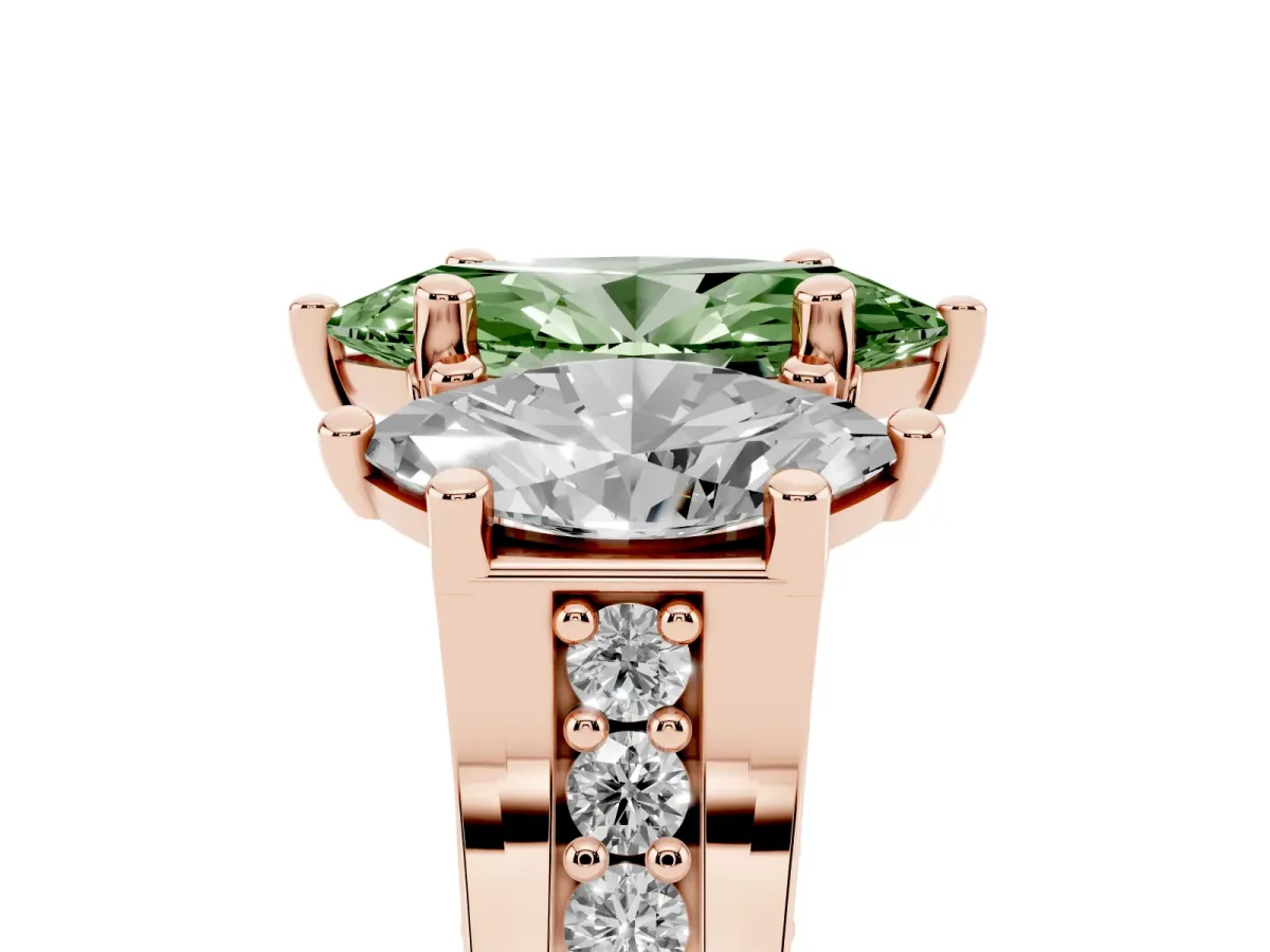 Fancy Green Marquise Cut Diamond Three-Stone Ring with Channel Set Band and Four-Prong Setting Rose gold