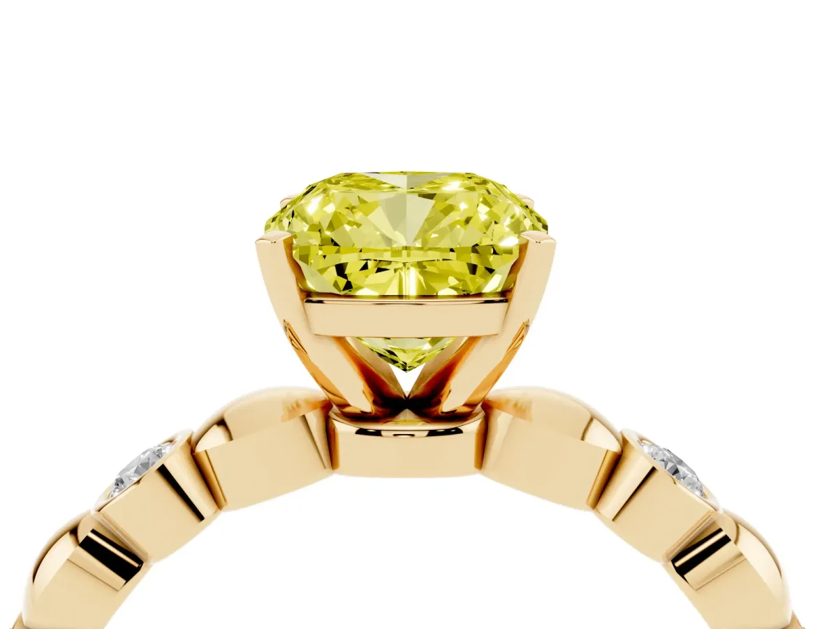 Fancy Yellow Cushion Cut Solitaire Bezel-Set Diamond Ring with Beaded Band and Four-Prong Setting Yellow gold