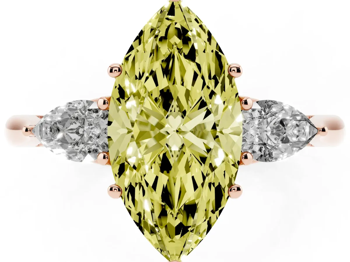 Fancy Yellow Marquise Cut Diamond Three-Stone Ring with Pear Side Stones and Prong Setting Rose gold