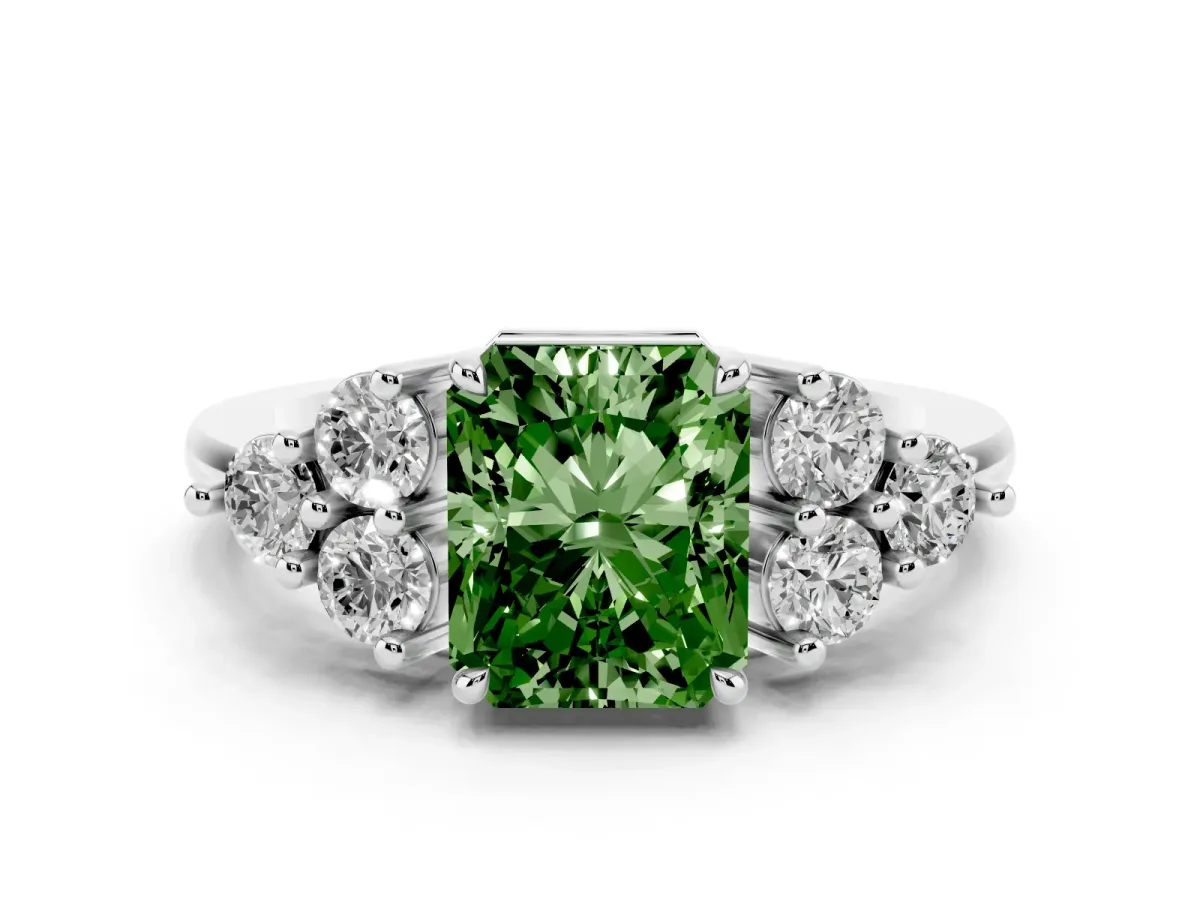 Fancy Green Radiant Cut Brilliant Diamond Cluster Accent Solitaire Ring with Prong Setting Platinum