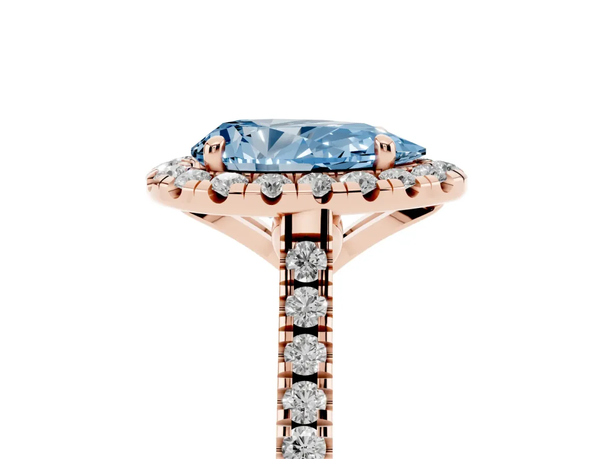 Fancy Blue Pear Cut Diamond Cushion Halo Ring with Pavé Band Rose gold
