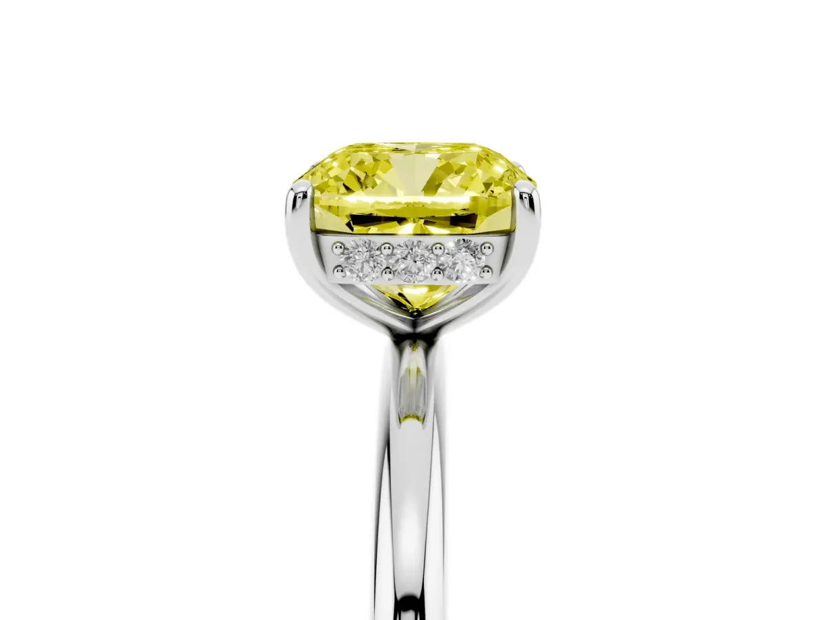 Fancy Yellow Cushion Cut Solitaire Diamond Ring with a Classic Band and Four-Prong Setting Silver