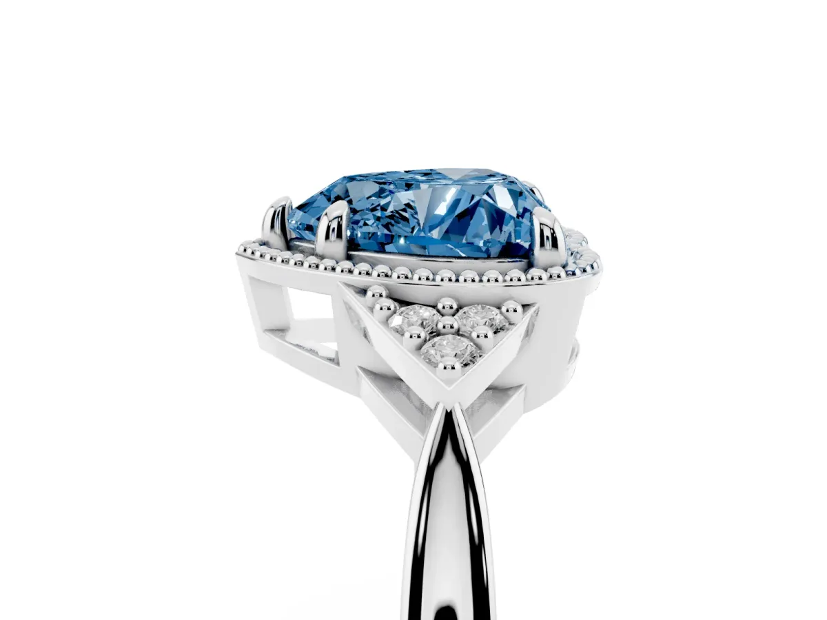 Fancy Blue Hexagonal Halo Heart Cut Diamond Solitaire with Pavé Band and Four-Prong Setting Silver