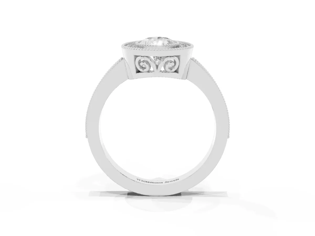 Pear Cut Cut Halo Diamond Ring with Pavé Band and Milgrain Prong Setting Silver