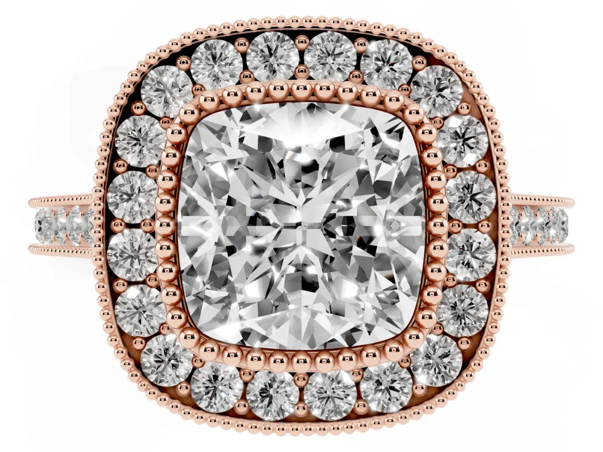 Cushion Cut Diamond Halo Ring with Milgrain Frame and Pavé Band Rose gold