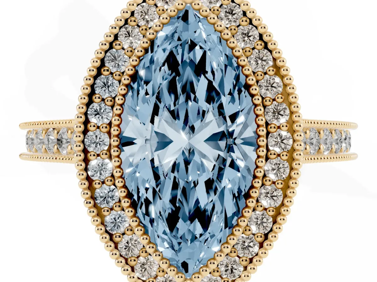 Fancy Blue Halo Marquise Cut-Cut Diamond Pave Band Milgrain Prong Setting Ring Yellow gold