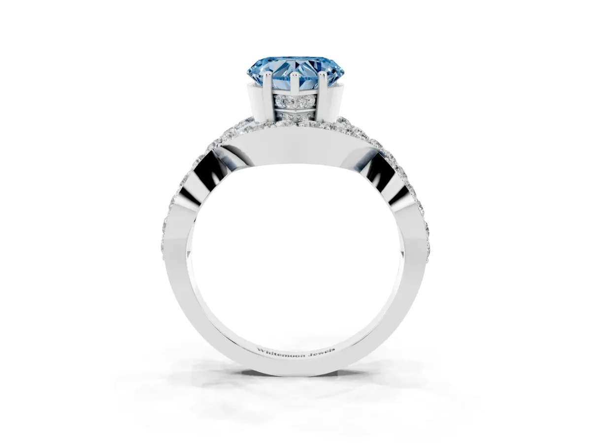 Fancy Blue Heart Cut Solitaire Twist Band Pavé Diamond Engagement Ring Silver