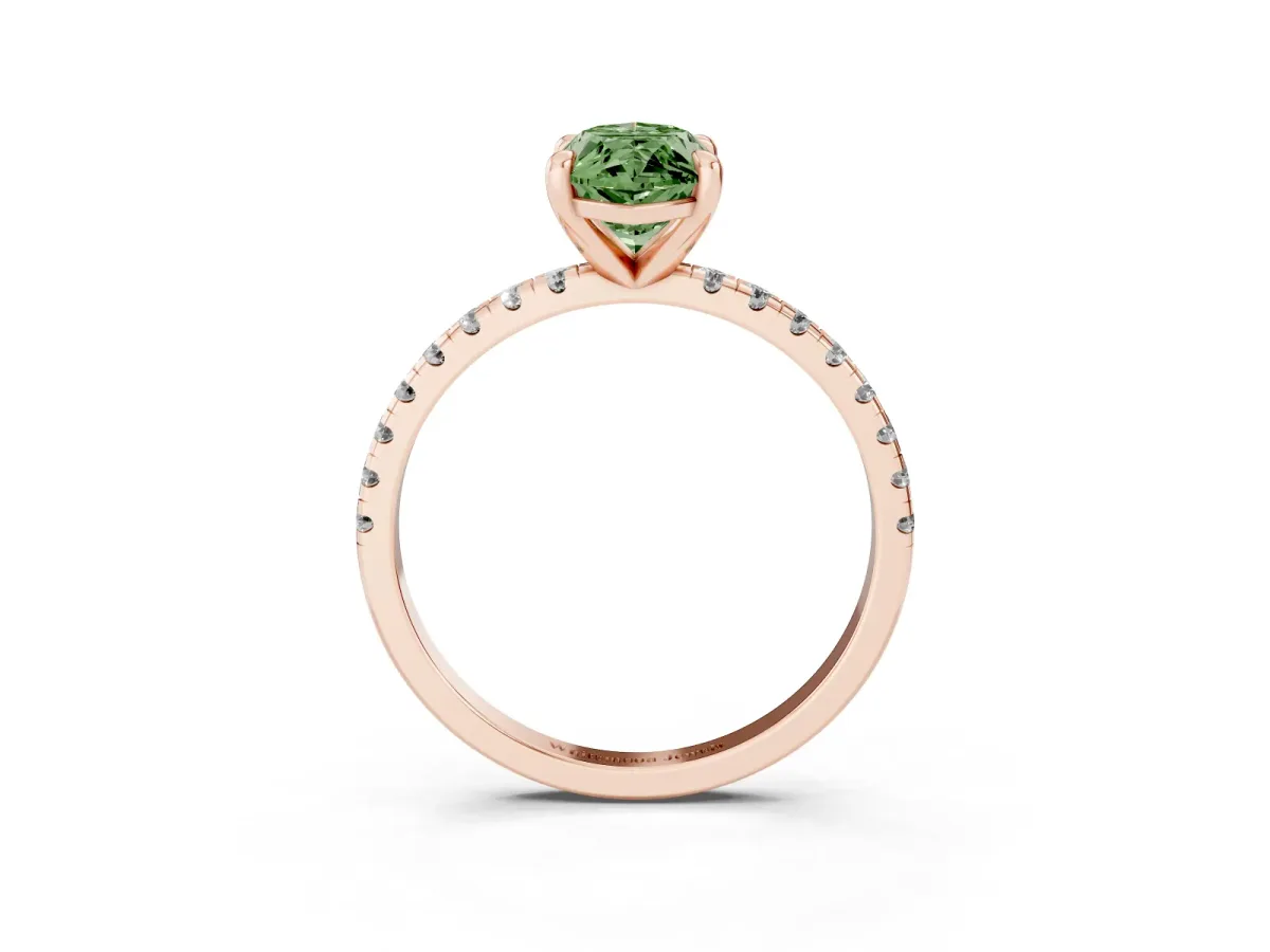 Fancy Green Marquise Cut Diamond Brilliant Solitaire Ring with Pavé Band and Four-Prong Setting Rose gold