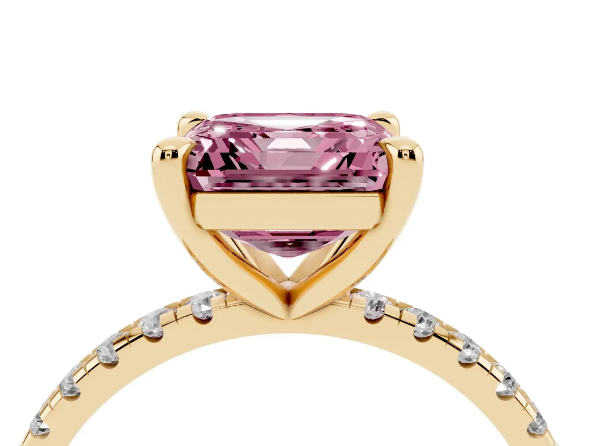 Fancy Pink Asscher Cut Diamond Brilliant Solitaire Ring with Pavé Band and Four-Prong Setting Yellow gold