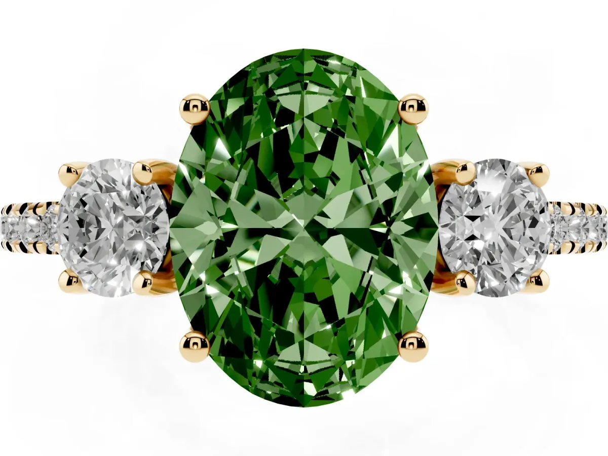 Fancy Green Three-Stone Oval Cut Cut Diamond Pavé Band with Prong Setting Yellow gold