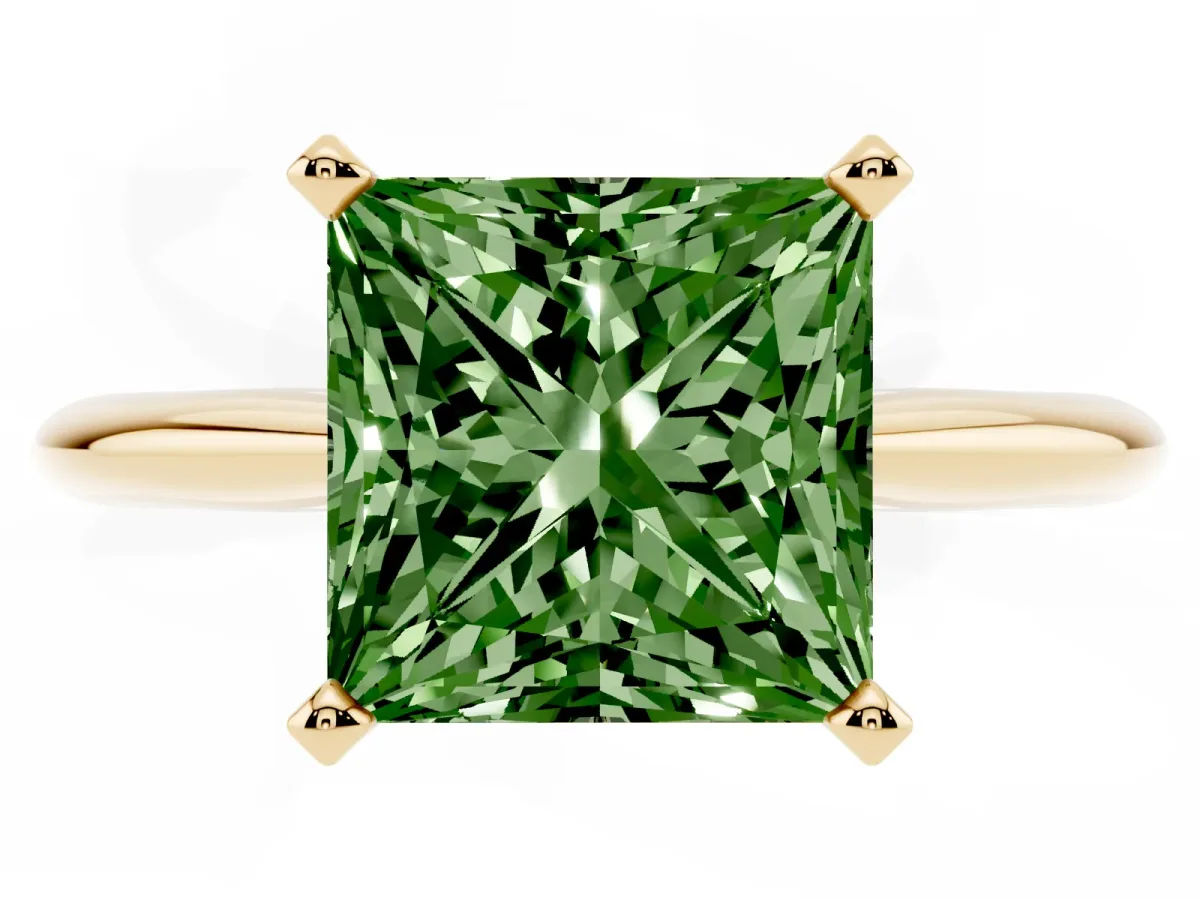 Fancy Green Princess Cut Cut Solitaire Ring with Four-Prong Setting on a Classic Band Yellow gold