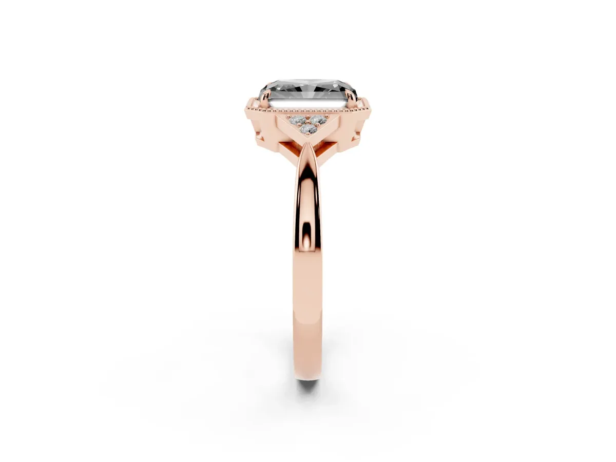 Fancy Black Hexagonal Halo Radiant Cut Diamond Solitaire with Pavé Band and Four-Prong Setting Rose gold