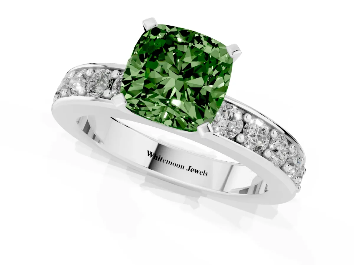 Fancy Green Cushion Cut Diamond Engagement Ring with Channel Set Round Band and Prong Setting Silver